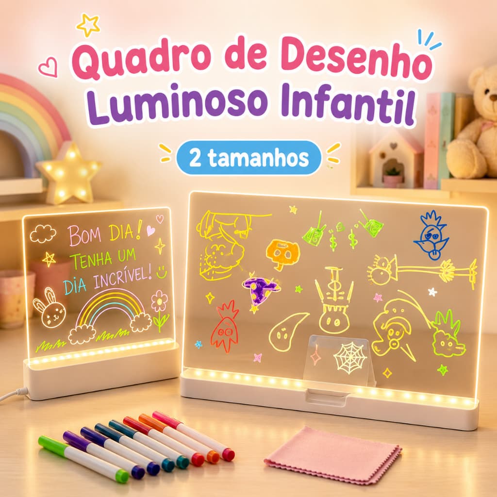 Quadro de Desenho Luminoso Infantil LED Reutilizável com Canetas Coloridas Suporte e Cabo USB