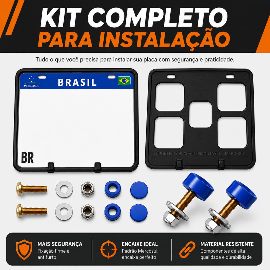 Suporte de Placa de Moto + Parafusos de Instalação e Lacre Antifurto – Traseiro Universal Envio Imediato