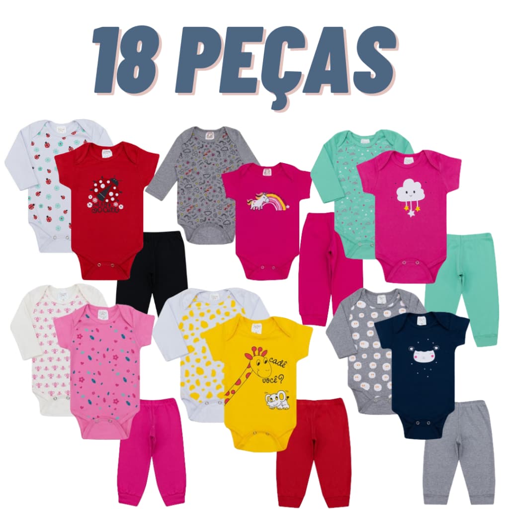 Kit Body 18 Peças de Roupas para Bebê Menina SORTIDO (6 Body Curto 6 Body Curto + 6 Calça Mijão)  Conjunto Bebê