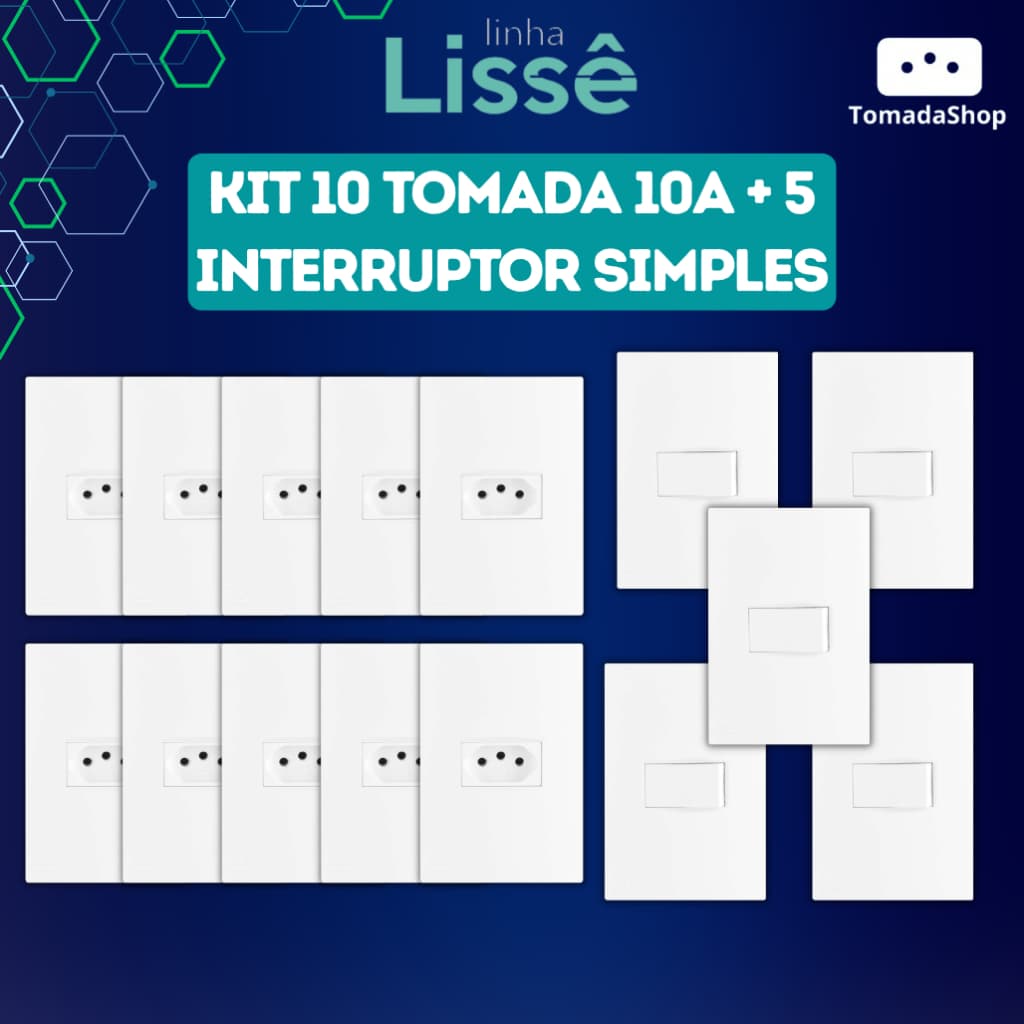 Kit 5 Interruptores Simples + 10 Tomadas 10A - Linha Lissê Apoio (Apagador, Interruptor e Tomada)