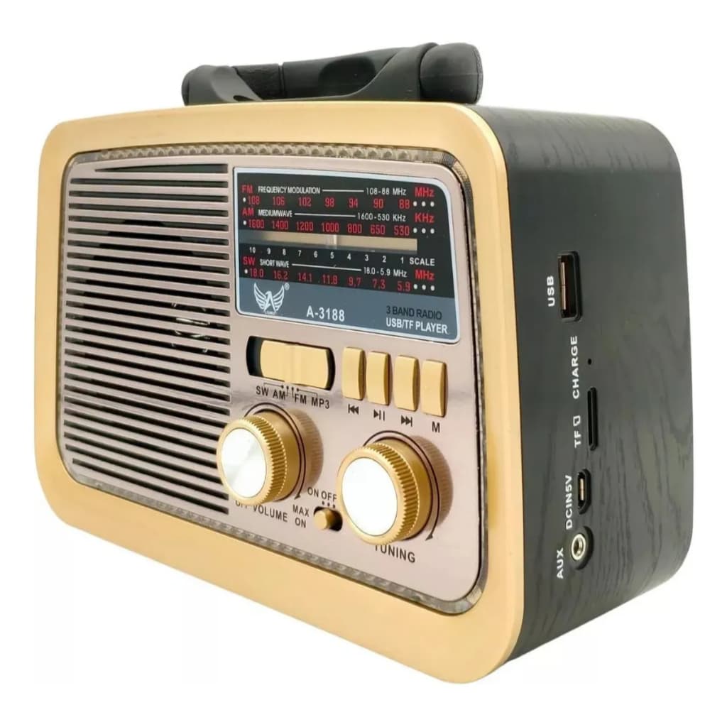Rádio Retrô Portátil Bluetooth AM FM SW USB Cartão TF Auxiliar Bivolt Recarregável com Lanterna