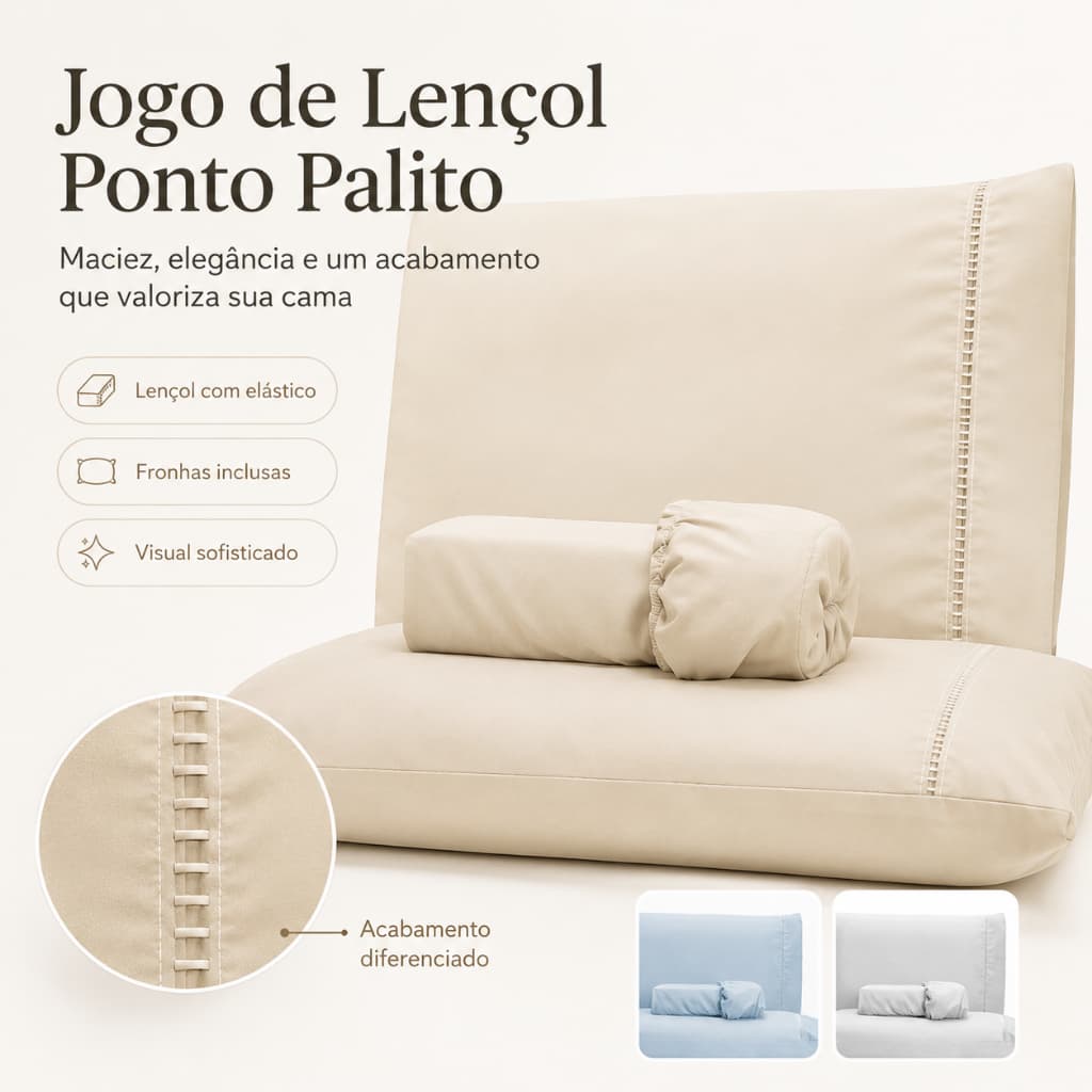 Jogo De Lençol Ponto Palito 100% Algodão - Solteiro, Casal, Queen e King Confortável Elegante