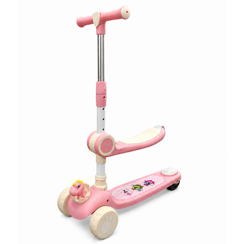Patinete Infantil Dino Rosa 3 Rodas com Assento 2 em 1 Luz e Som Guidão Regulável