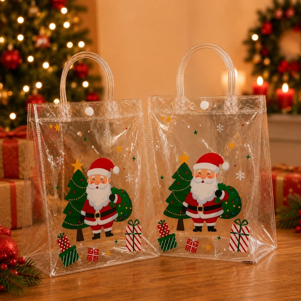 Conjunto Sacolas Natalinas Transparentes Com Alça E Botão 20cm