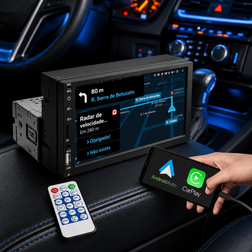 MP5 Central Multimídia 1 Din 7 CarPlay Android Auto