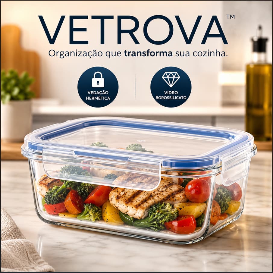 Pote Hermético de Vidro Borossilicato 640ml Vetrova™ Retangular com Tampa Vedante para Conservação de Alimentos