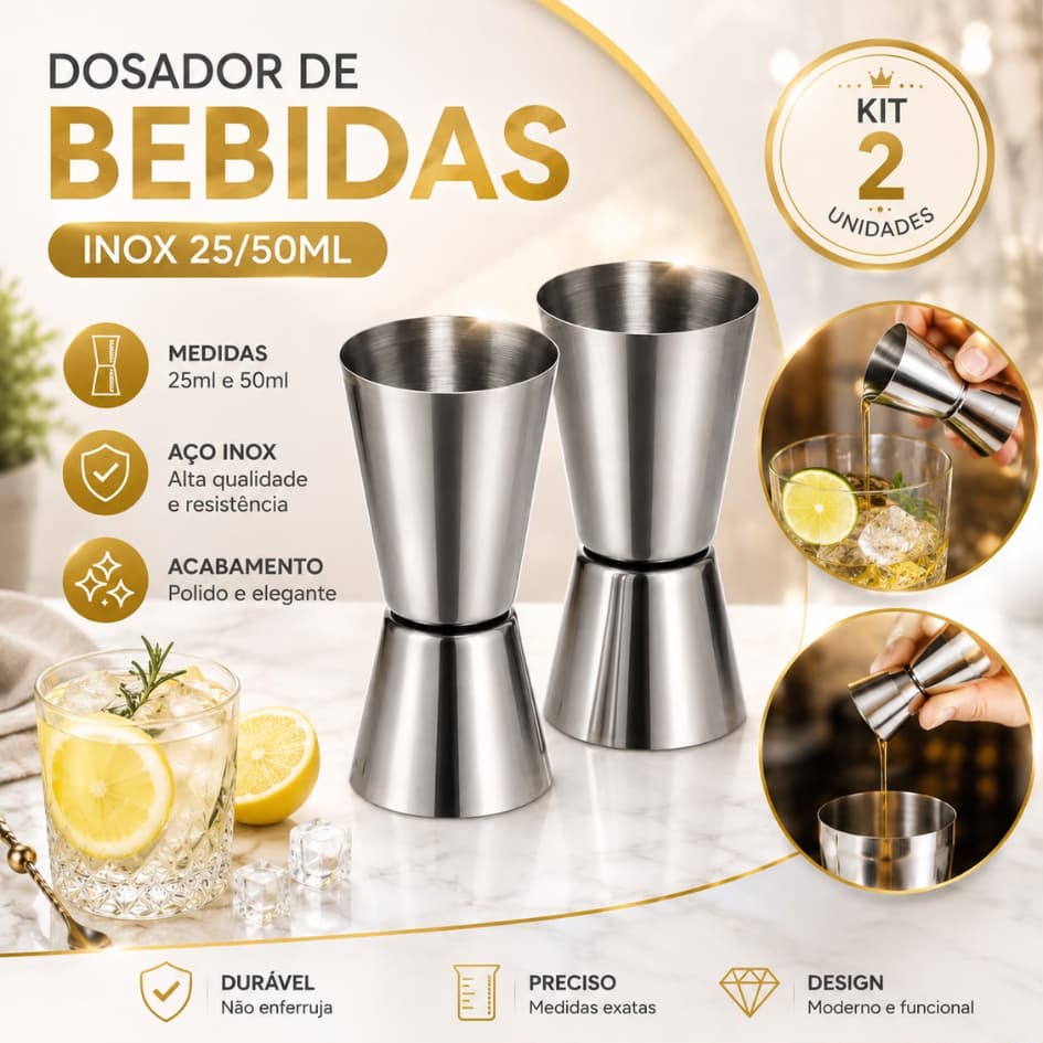 KIT 1 2 3 Dosador Duplo Medidor de Bebidas em Aço Inox 25/50ml Jigger Drinks Coquetéis Bartender Bar