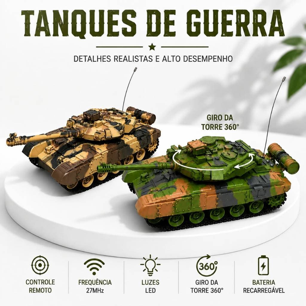 Tanque de Guerra Infantil ToyKing com Controle Remoto Sem Fio R/C, Bateria Recarregável, Brinquedo Militar 3+ Anos