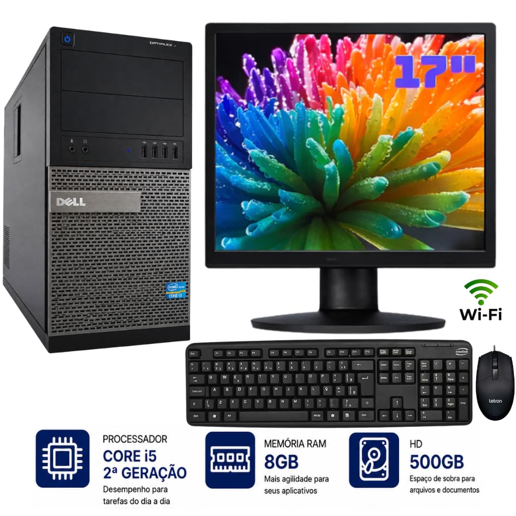 Computador Completo Dell Core i5 2ªgr 500gb HD 8GB Ram Tela 17" Teclado Mouse Wifi Trabalho Estudo