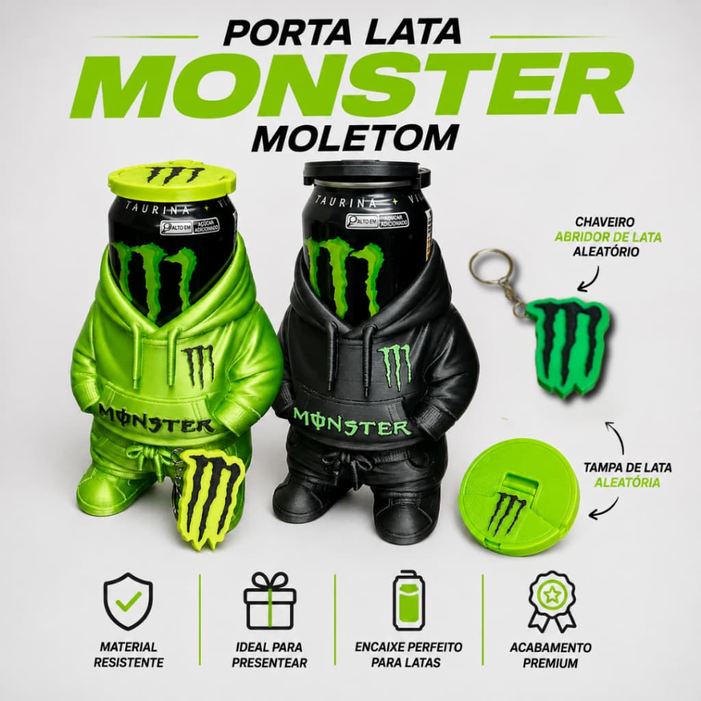 Capa Case Porta Lata Monster Energy Energético Moletom Calça Tenis Acompanha Chaveiro e Tampa Latas