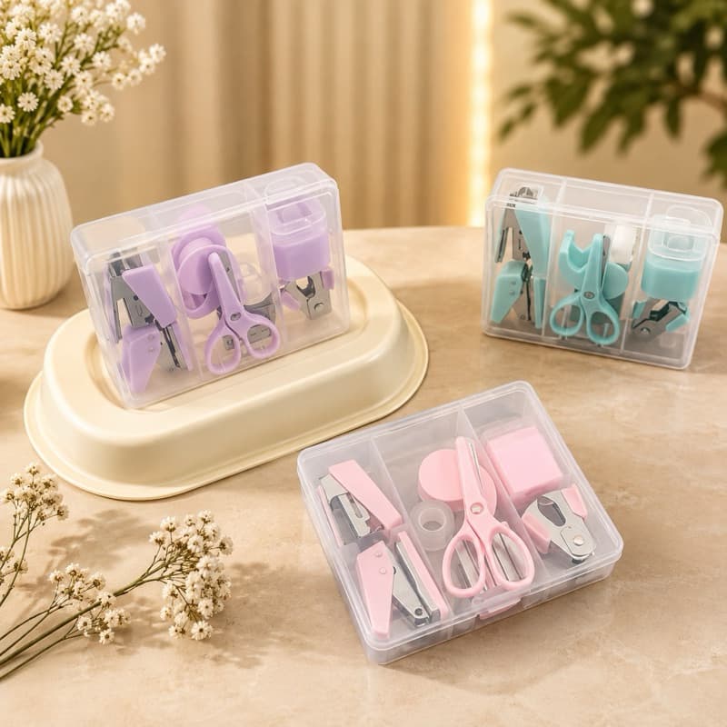 kit mini grampeador + perfurador + fita adesiva + extrator + tesoura  ESCOLHA A COR
