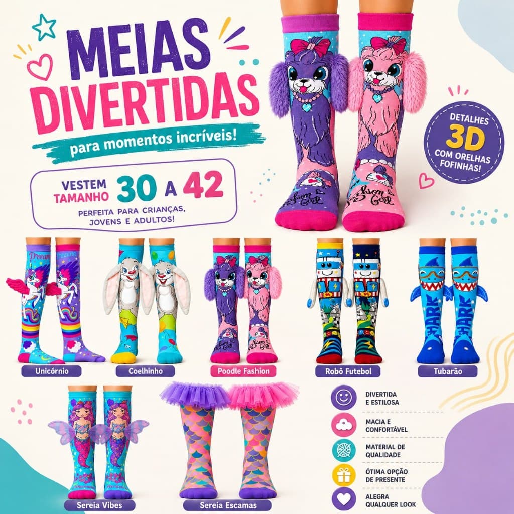 Meia Infantil Divertida 30 ao 42 3D Cano Alto Menina Menino Colorida Confortável Personagens Criativos