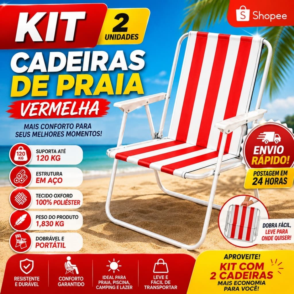 Kit 2 Cadeiras de Praia Dobráveis Snel Home Aço Até 120kg Vermelha