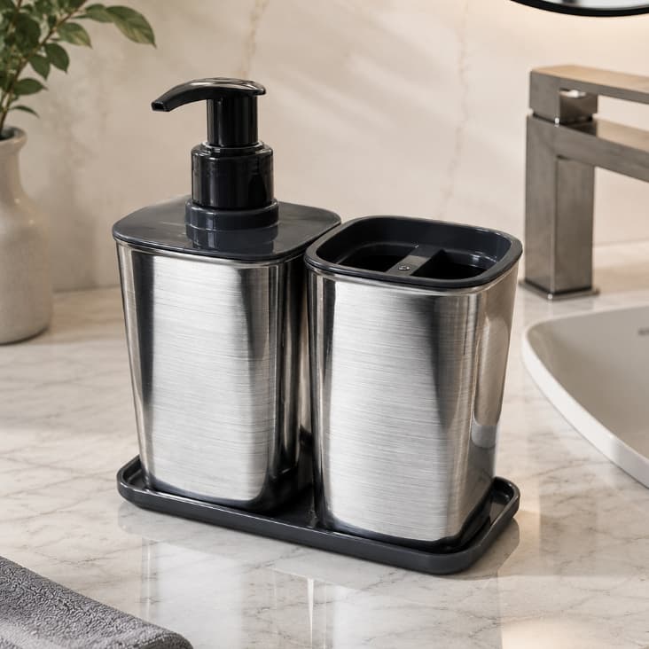 Porta Sabonete Líquido Porta Escova Kit Banheiro Completo Preto com Bandeja 3 Peças