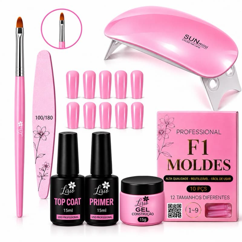 Kit Unhas em Gel Alongamento Manicure Cabine Sun Mini + Pincel + Top Coat + Primer + Lixa + Moldem