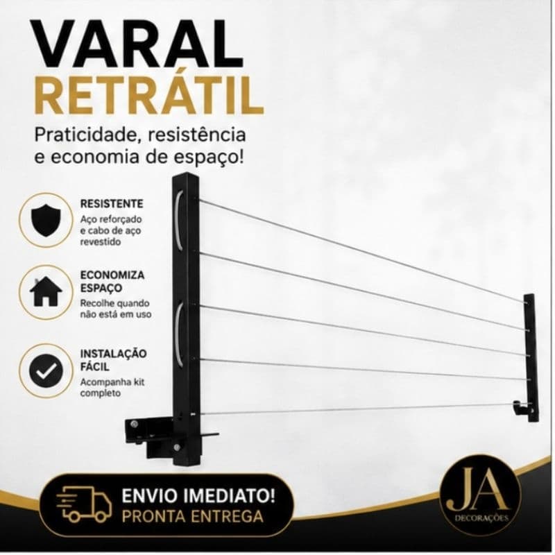 Varal Retrátil de Parede 20 Metros em Aço Reforçado Dobrável com Cabo de Aço Encapado