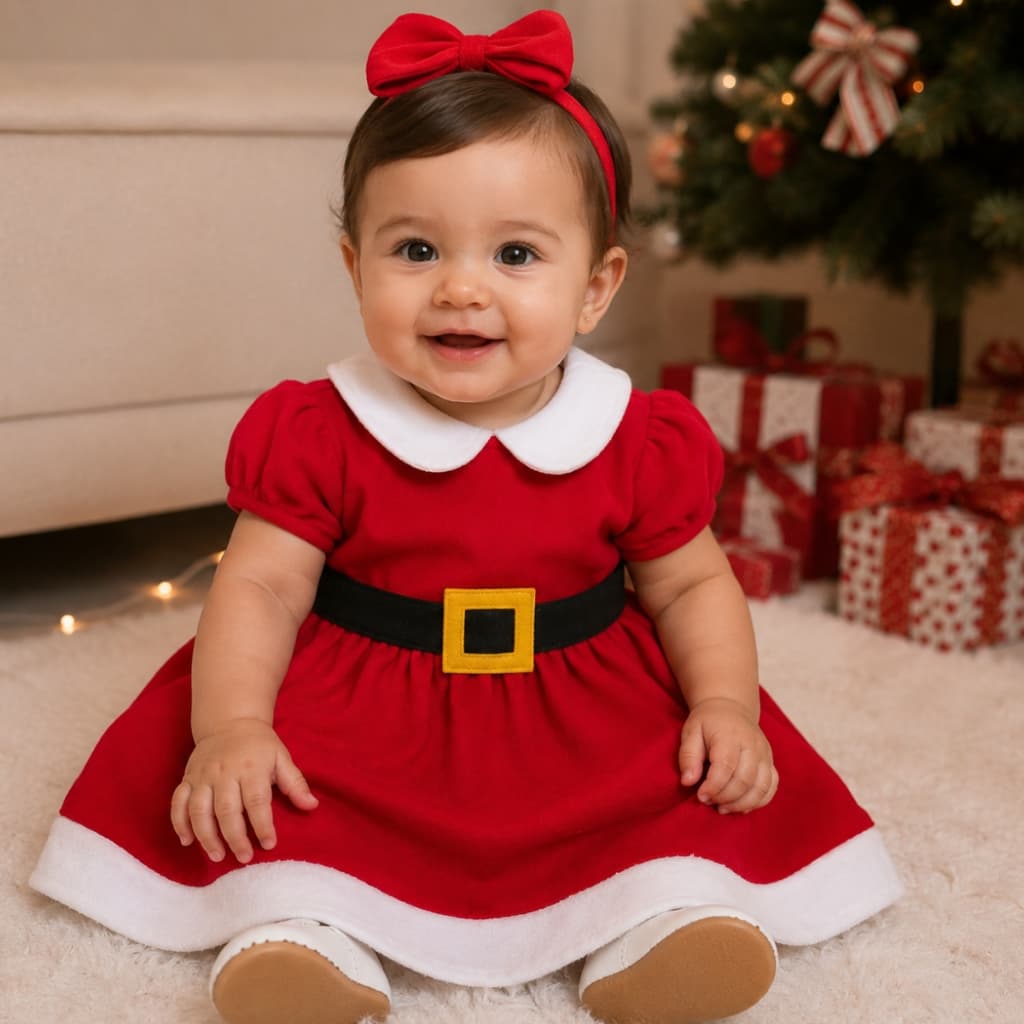 Vestido Natalino Infantil Mamãe Noel Bebê Menina Roupa de Natal Festa Natalina com Tiara P ao 3 Anos