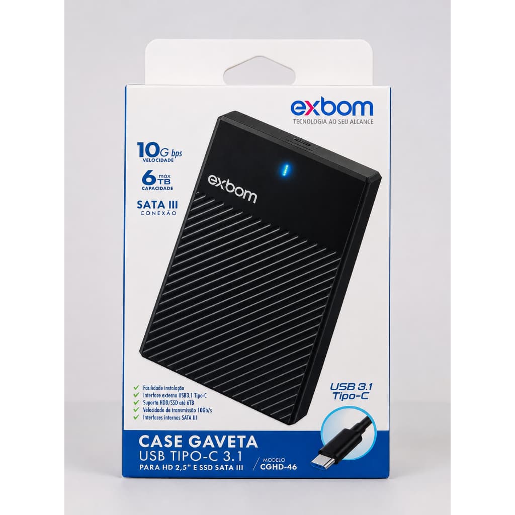 Case Gaveta Exbom HD SSD 2.5" SATA III USB-C 3.1 10Gbps 6TB