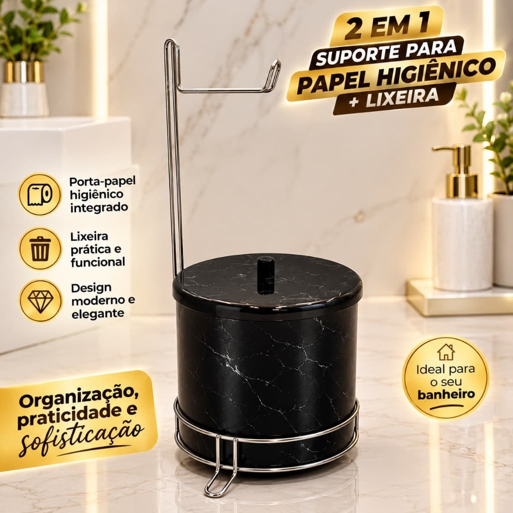 Kit Porta Papel Higiênico + Lixeira 6L Suporte de Chão Banheiro Aramado Preto Epóxi Organização
