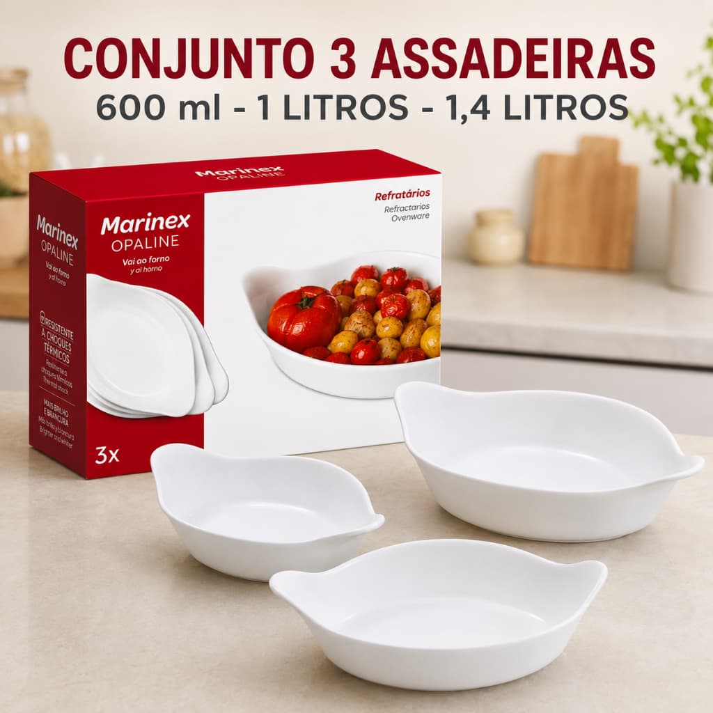 Conjunto 9 /6 / 3 Assadeiras Marinex Opaline Vidro Branco Travessa - Nadir