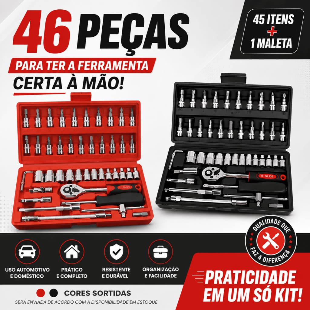 Jogo de Soquetes 46 Peças 1/4 com Chave Catraca Reversível Kit Ferramentas com Maleta