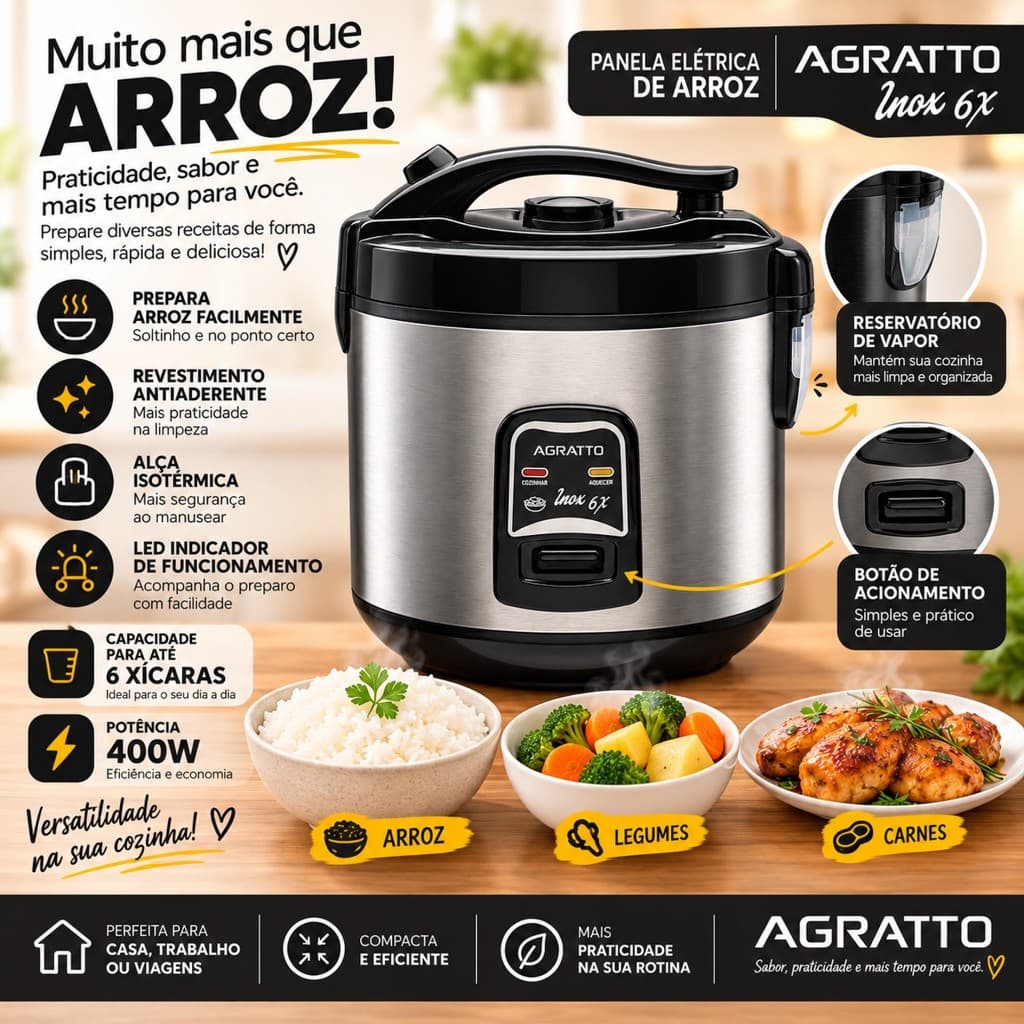 Panela Elétrica de Arroz Inox e Visor Transparente Vaporeira Agratto 6X Xícaras 127V Antiaderente