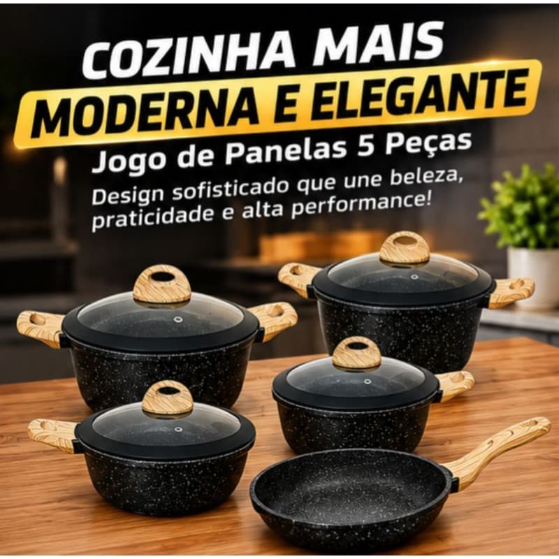 Jogo de Panelas 5 Peças Preto Granito Cerâmico Antiaderente com Tampas de Vidro