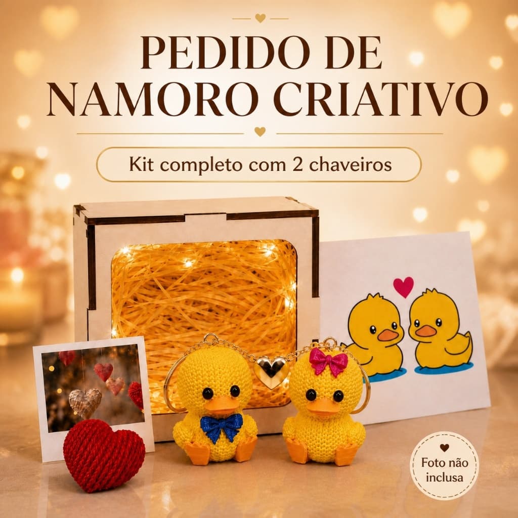 Pedido de Namoro Criativo com 2 Chaveiros Patinhos Caixa MDF LED e Porta-Foto