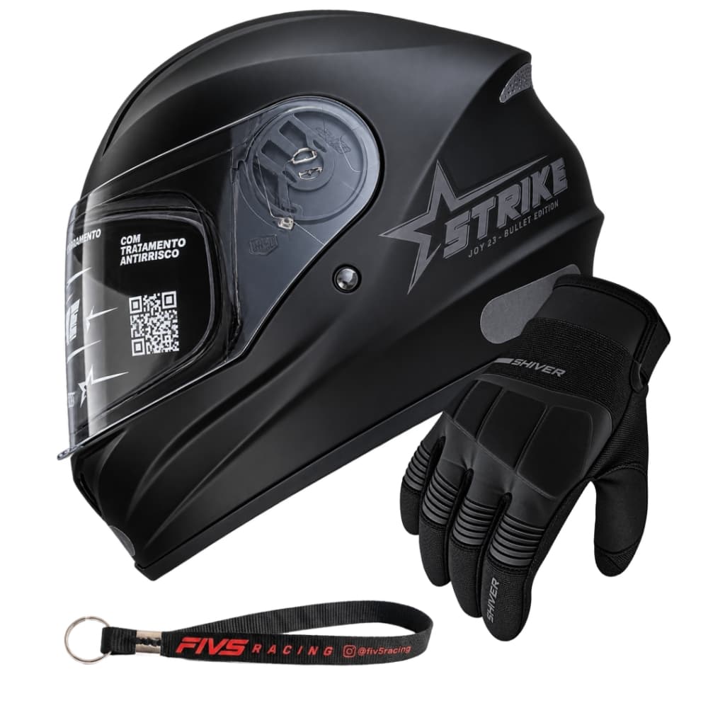 CAPACETE TAURUS JOY 23 STRIKE PRETO FOSCO + LUVA ROCKET 2 PRETA + CHAVEIRO EXCLUSIVO KIT COMBO MOTOBOY