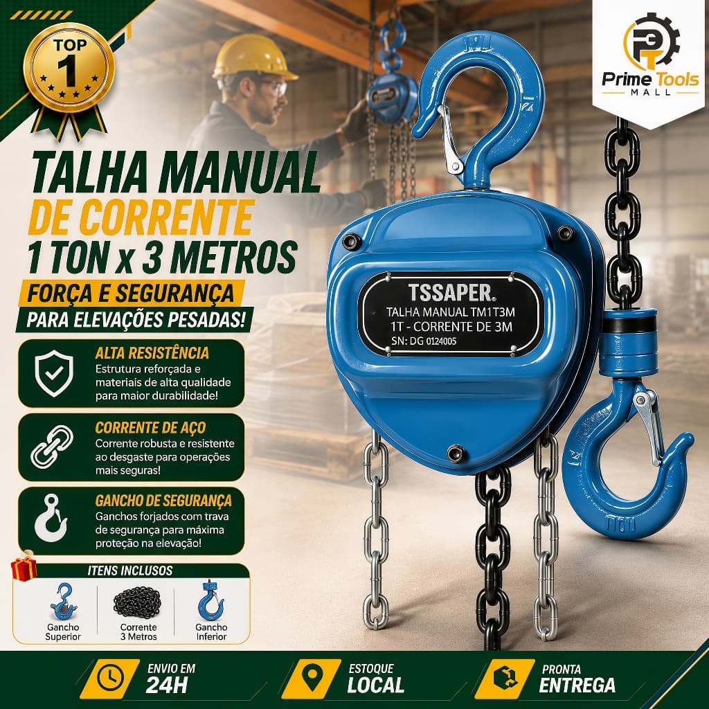 Talha Guincho Manual 1 Tonelada 1000kg Com Corrente 3 Metros Com Freio Duplo Tssaper
