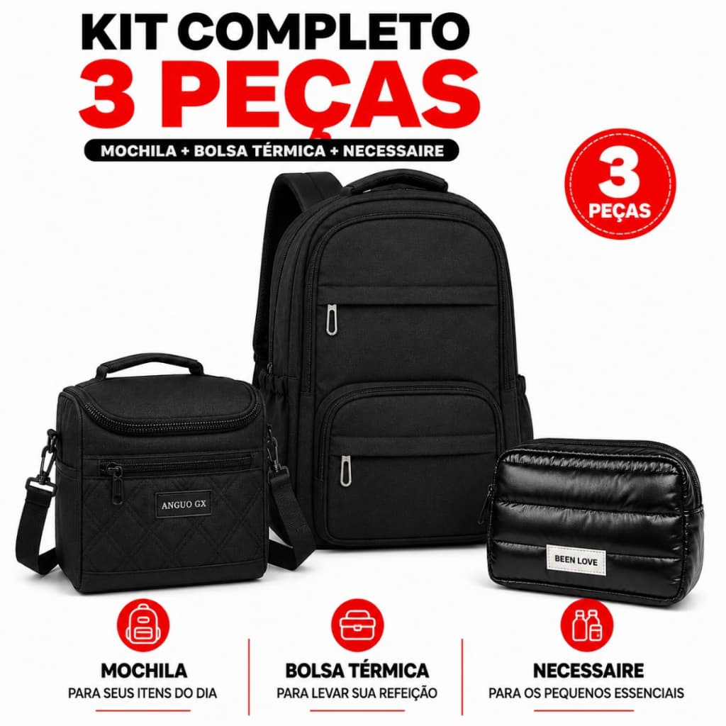 Mochila Feminina + Marmita Térmica + Necessaire 3 Peças Escolar Trabalho Faculdade Viagem Dia a Dia Schulz Sports