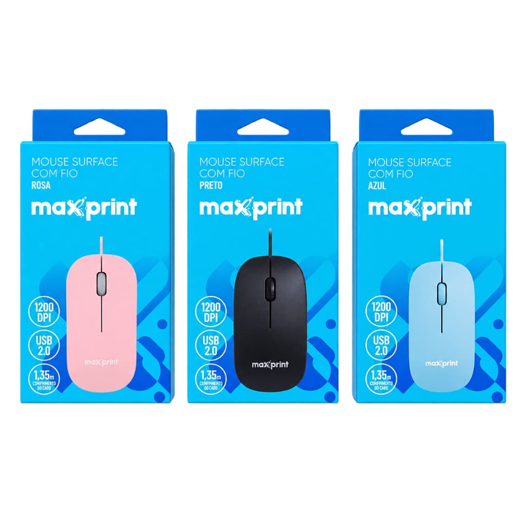 Maxprint Mouse Surface Com Fio USB Plug And Play Ergonomico Silencioso Azul Preto Rosa