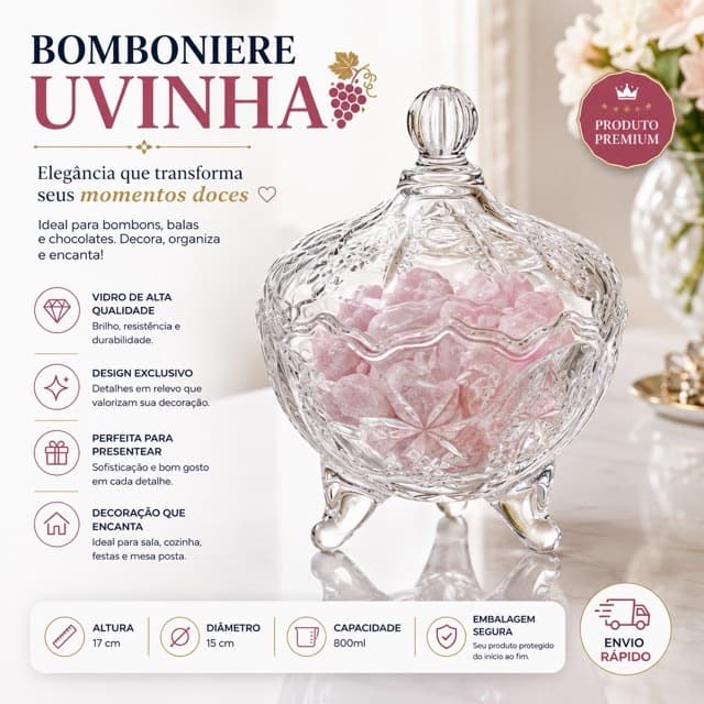Bomboniere de Vidro 500ml com Tampa e Pezinho Baleiro Porta Doces Bombons Potiche Decorativo Premium Mesa Posta