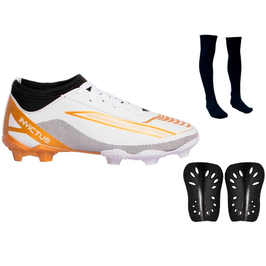Chuteira Futebol Campo Invictus Cano Médio Lançamento Uzze Sport + Meião + Caneleira