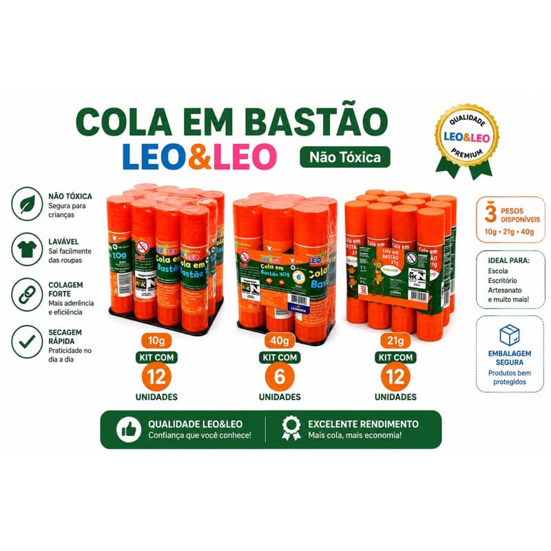 Kit 6 12 Cola Bastão Leo e Leo 10 21 40G uso Escolar - Promoção Volta as Aulas