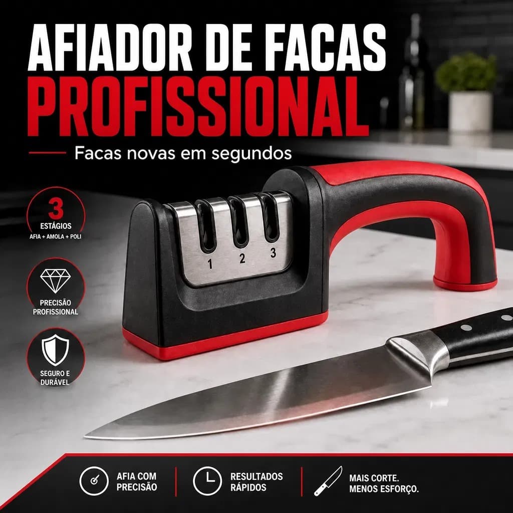 Afiador Amolador De Facas 3 Estágios Cabo Emborrachado Antiderrapante Para Cozinha E Churrasco