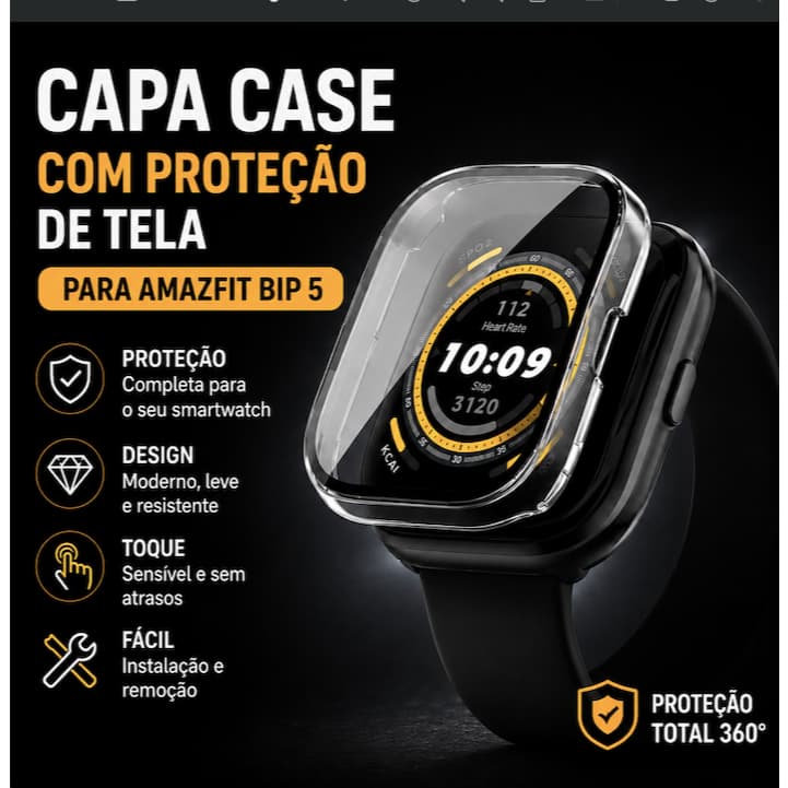 Capa Protetora para Amazfit Bip 5 com Proteção de Tela Case Anti-Risco Encaixe Completo