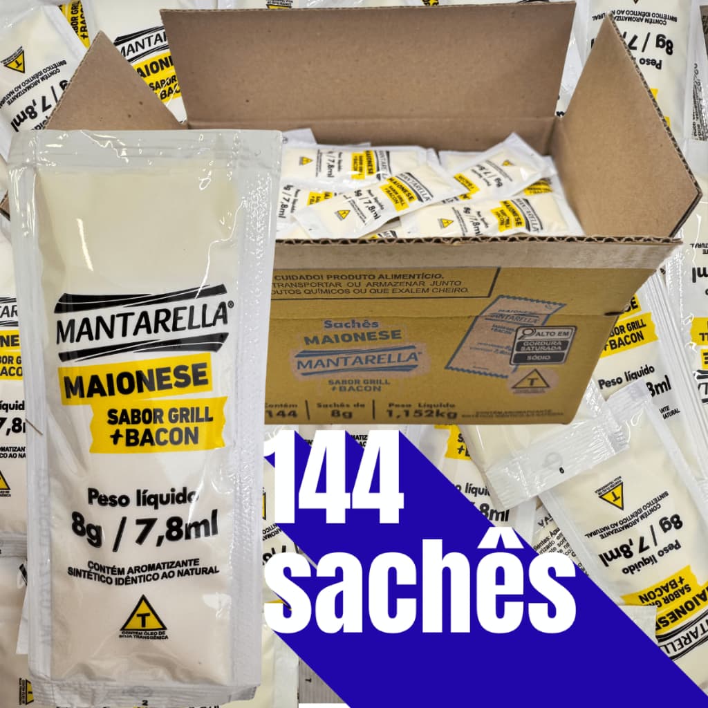 Caixa de Maionese Mantarella Sabor Grill + Bacon | 144 Sachês de 8g | Ideal para Lanchonetes e Bares