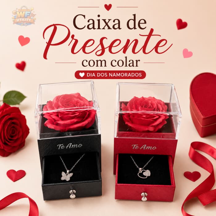 Caixa de Presente com Colar Sortido e Rosa Artificial – Dia dos Namorados | Envio Imediato