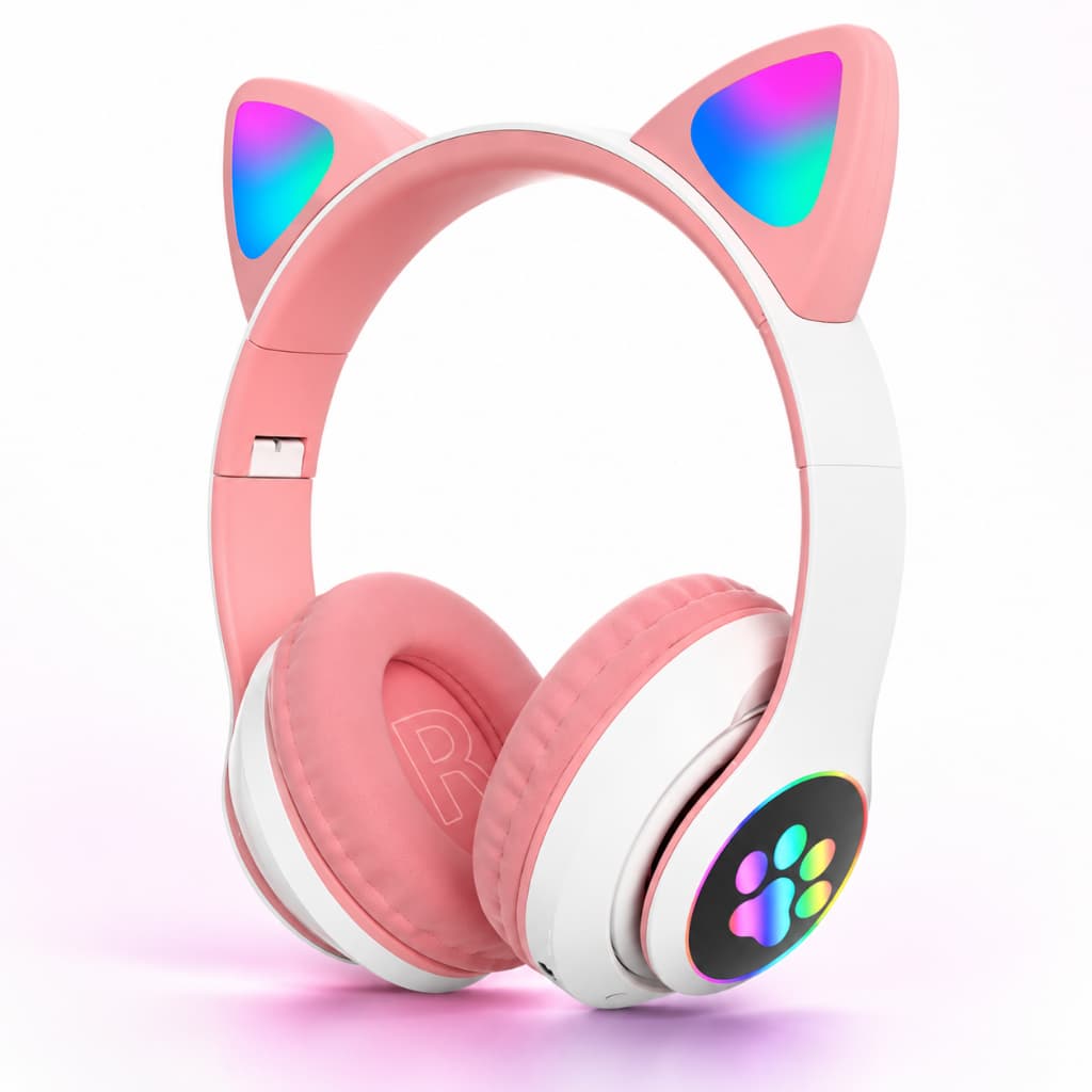 Headphone Bluetooth Infantil Orelhas de Gato, LED Colorido com Patinha, Fone Sem Fio para Crianças