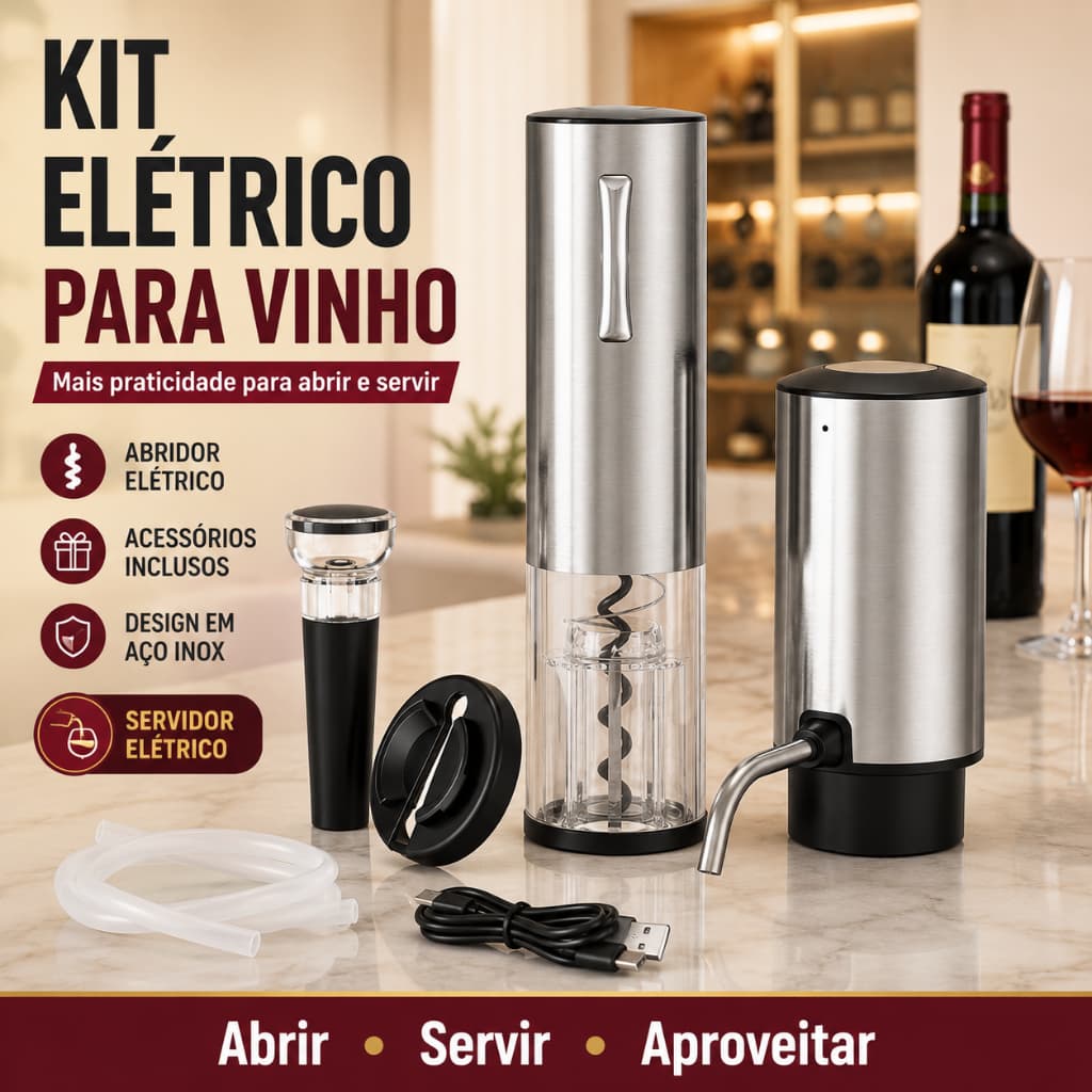 Kit Abridor de Vinho Elétrico Recarregável Saca Rolhas Automático em Aço Inox com Servidor de Vinho e Acessórios