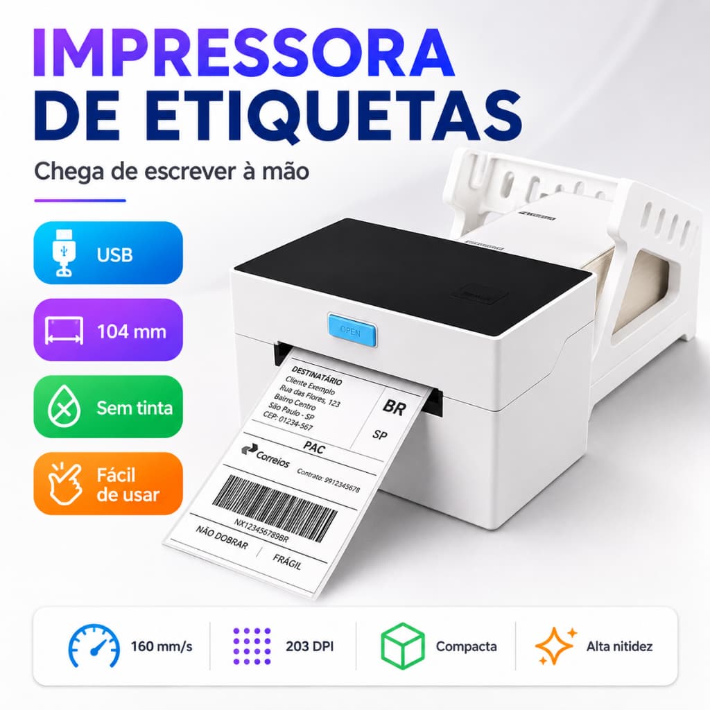 Impressora Térmica de Etiquetas 110mm USB 203DPI 160mm/s com Suporte para Envios Código de Barras Sem Tinta