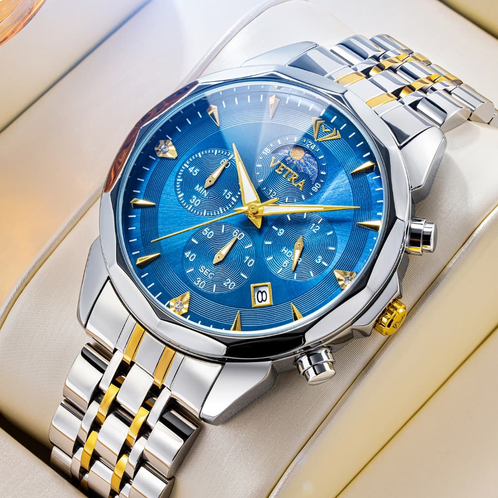 VETRA Relógio Masculino Original Cronógrafo Multifuncional a Prova d Água Presente para Homem Aço Inoxidável Azul 8890