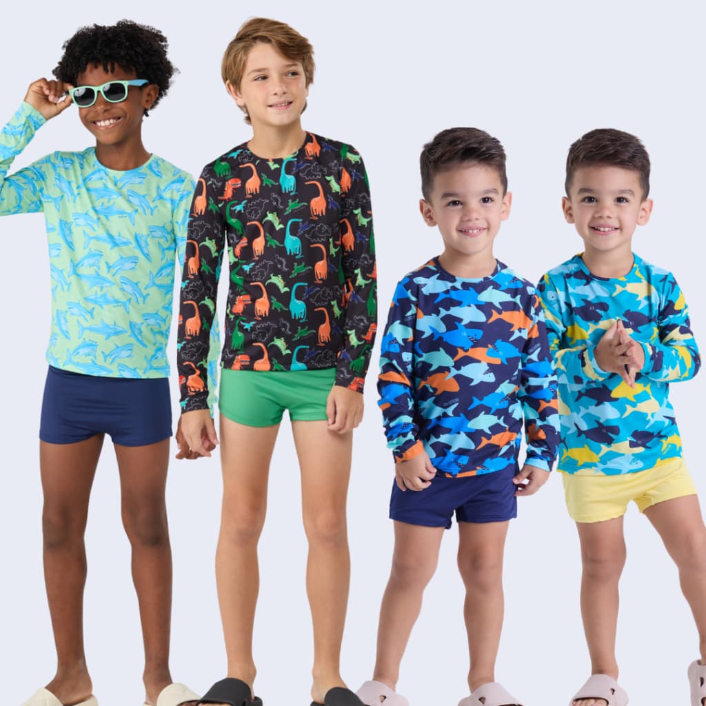Conjunto Moda Praia UV50+ Infantil Masculino Shark e Dino Fun