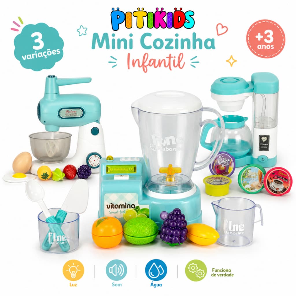 Kit Cozinha Infantil Liquidificador Infantil Faz de conta Batedeira Cafeteira Infantil