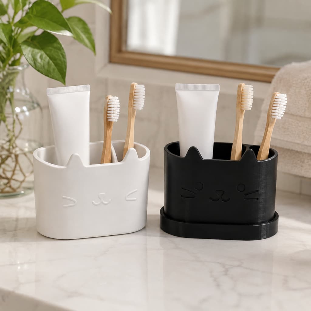 Suporte Porta Pasta e Escova de Dente Banheiro Filamento Organização Pia Filamento Elegante Gato