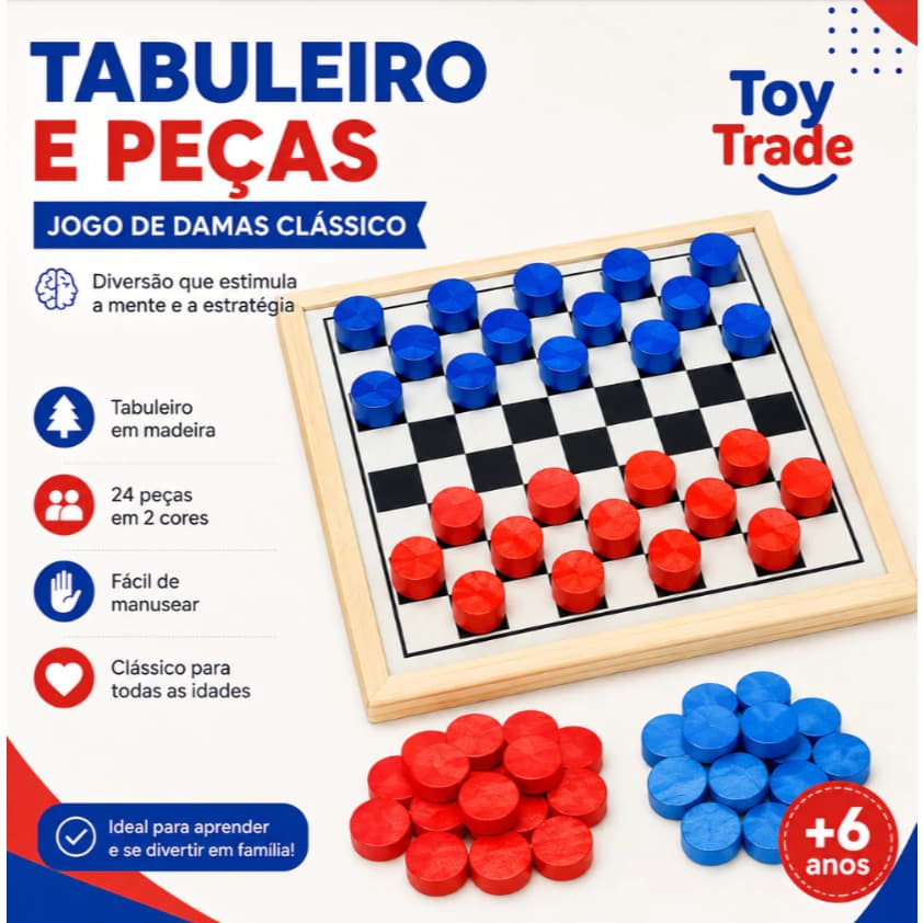 Jogo de Damas Tabuleiro 24 peças em Madeira Jogo de Mesa Presente Brinquedo Promoção Jogo Classico