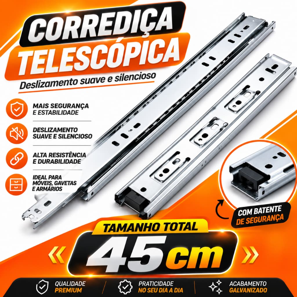Par Corrediça Trilho Telescópica H30 Light 45cm Gaveta 28kg