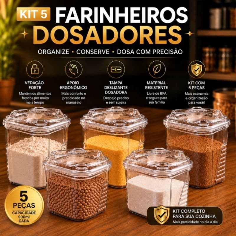 Kit 5 Potes Farinheiro Açucareiro Saleiro Dosador 900ml Tampa Deslizante Vedação Forte Porta Mantimentos Plástico