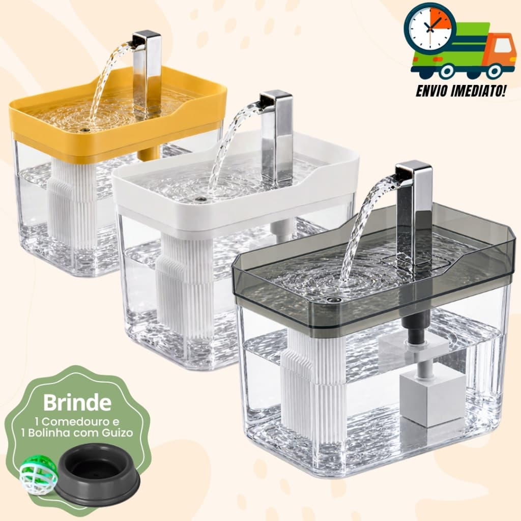 Fonte Para Gatos Bebedouro Automático Purificador de Água Bivolt Com Filtro + Comedouro e Guizo